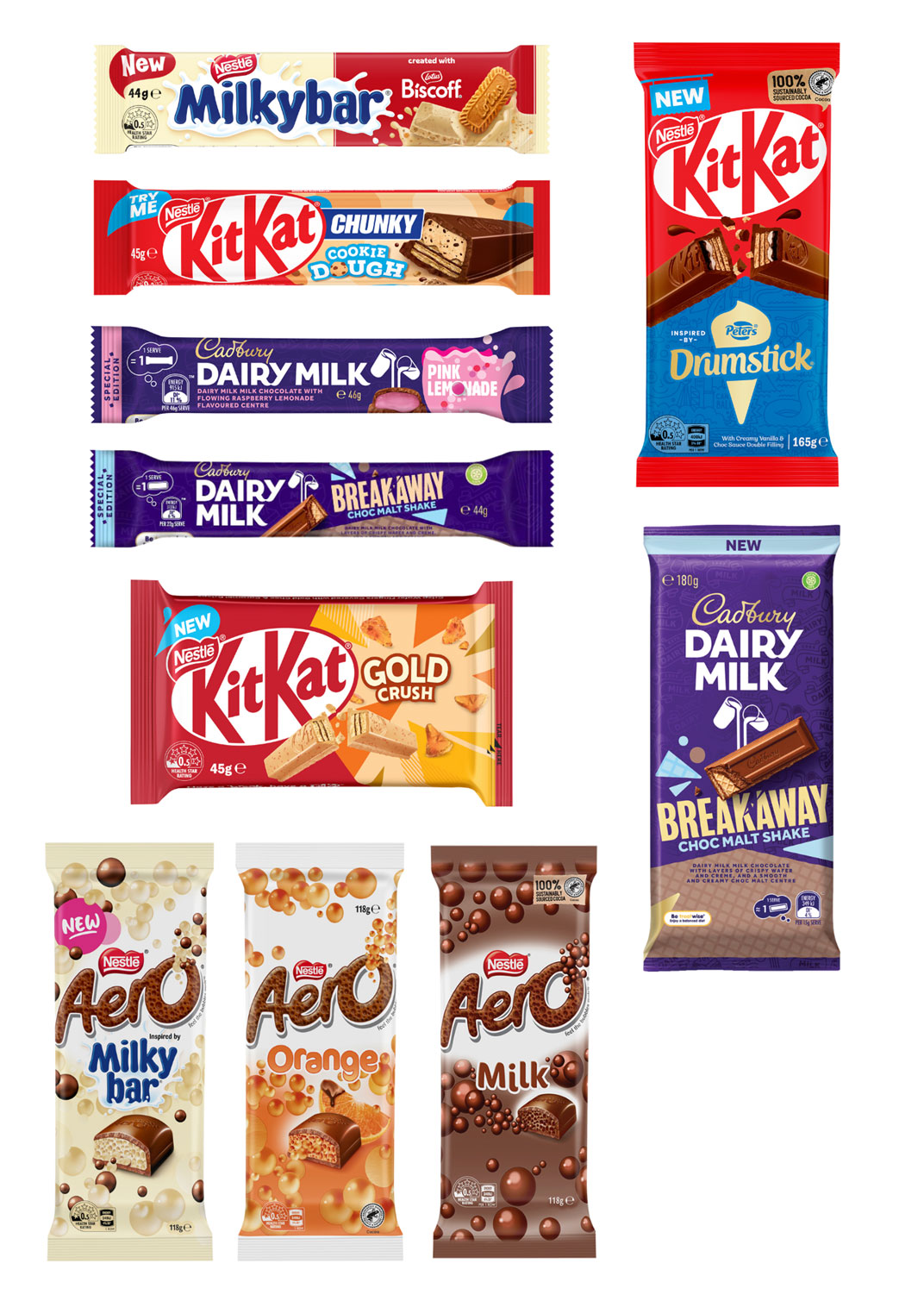 New Products from Nestle and Cadbury Mondelez in Australia. Including KitKat Biscoff KitKat Gold Crush Cadbury Breakaway Choc Malt Shake